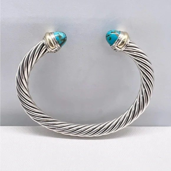 David Yurman Sterling Silver & 14K Gold Turquoise Cable Bracelet - Picture 6 of 14